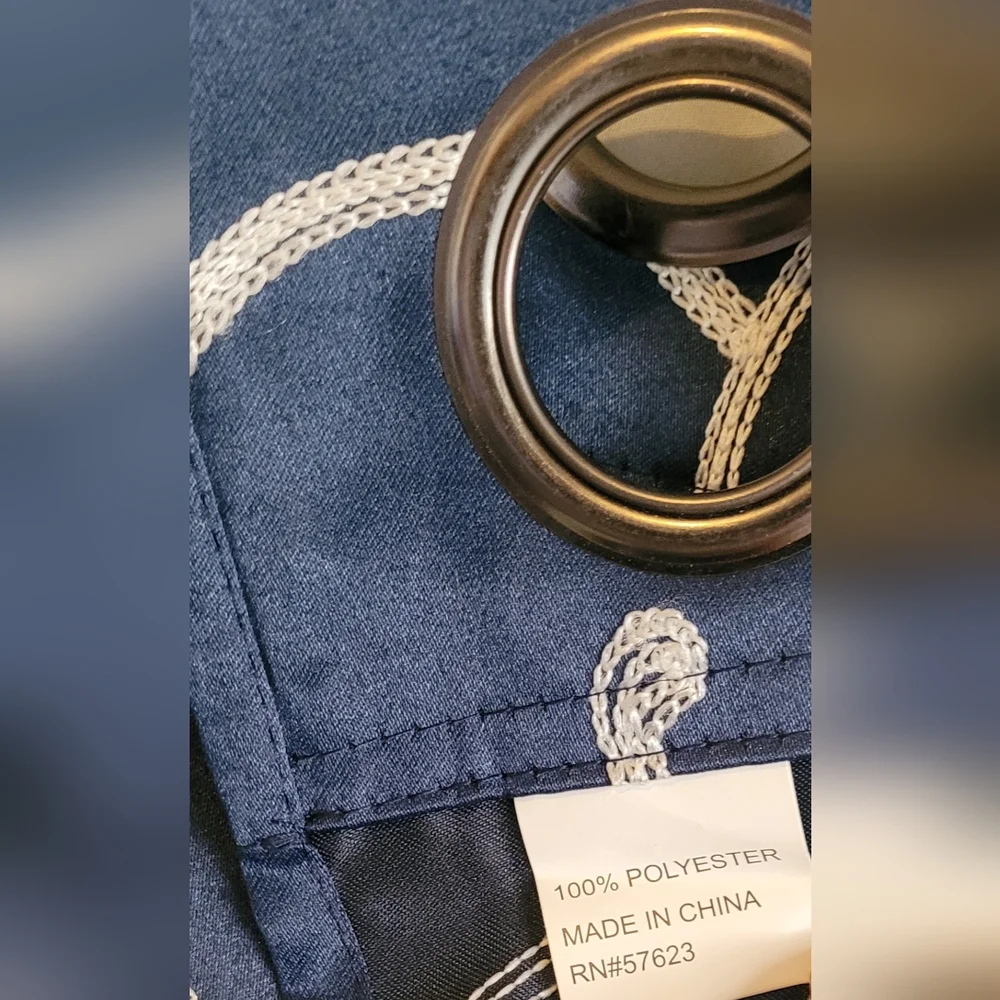 4 Navy Blue Satin Curtain Panels with Cream White Swirl Design, 26×84